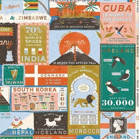 Travel Facts: a foiled 1000 piece illustrated puzzle featuring unique facts from around the world. Illustrated by Mary Atwood. Artwork ©Lantern Press Puzzle Illustration Design, Dishes Around The World, Bee Hummingbird, Denmark Flag, Unique Facts, Fuji Apple, Travel Facts, Cliffs Of Moher, So Busy