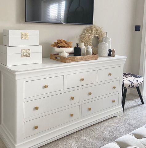 Master Chest Of Drawers, How To Style Chest Of Drawers Bedroom, Chest Of Drawers Under Tv, Top Of Chest Of Drawers Decor, Tv On Chest Of Drawers In Bedroom, How To Decorate A Chest Of Drawers, Chest Of Drawers For Tv, Chest Drawer Decor Ideas Bedroom, Bedroom Chest Of Drawers Styling