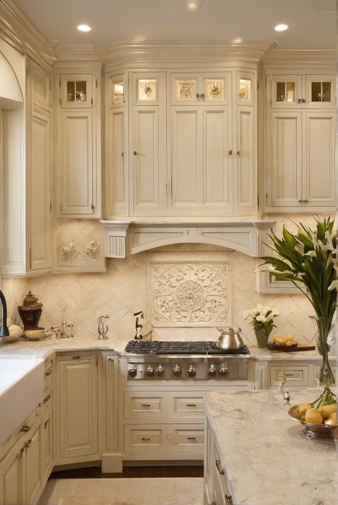 1. Cream cabinets
2. Backsplash choices
3. Kitchen design
4. Home decor Backsplash Ivory Cabinets, Kitchens With Cream Cabinets, Kitchen Backsplash With Cream Cabinets, French Country Backsplash, Cream Cabinet, Cream Colored Kitchen Cabinets, Cream Colored Cabinets, Luxury Houses Kitchen, Cream Kitchen Cabinets