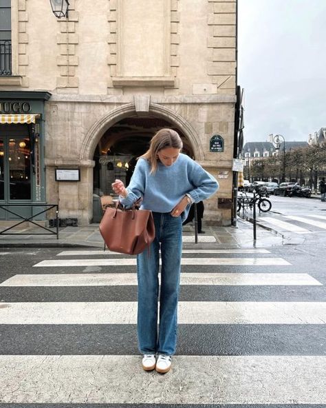 Sambas Styled, Blue Crewneck Outfit, Dark Washed Jeans Outfit, Light Wash Jeans Outfit, Light Blue Jeans Outfit, Blue Sweater Outfit, Sweater And Jeans Outfit, Crewneck Outfit, Spring Sweater Outfits