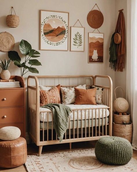 Sage And Terracotta Nursery, Boho Baby Room Ideas, Boho Nursery Room Ideas, Boho Girl Nursery Ideas, Renter Friendly Nursery Ideas, Boho Room Colors, Desert Boho Nursery, Baby Boho Room, Terra Cotta Nursery