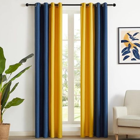 Amazon.com: PRIMROSE Navy Blue Yellow Faux Linen Curtains 96 inch Long for Living Room, Set of 2 Panels Semi-Blackout Modern Room Ombre Curtains Window Drapes for Bedroom Grommet : Home & Kitchen Yellow And Blue House Decor, Yellow And Blue Curtains Living Room, Living Room Inspiration Navy Blue, Mustard Yellow And Navy Blue Living Room, Blue Yellow Living Room Decor, Blue And Gold Living Room Decor, Bright Curtains Living Room, Navy Blue And Mustard Living Room, Navy Blue Curtains Living Room Ideas