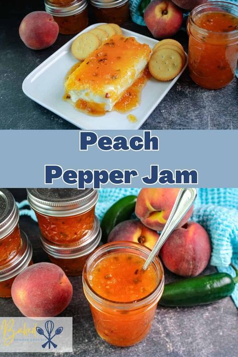 Enjoy the taste of summer year-round with this Peach Pepper Jam, blending sweet, juicy peaches with a hint of heat . The perfect way to preserve summer peaches and add a delicious twist to your dishes .  via @Baked Broiled and Basted Peach Pepper Jam, Peach Pepper Jelly Recipe, Pepper Jam Recipe, Glaze For Chicken, Peach Pepper Jelly, Spicy Jam, Appetizers Appetizers, Crackers And Cheese, Homemade Peach Ice Cream