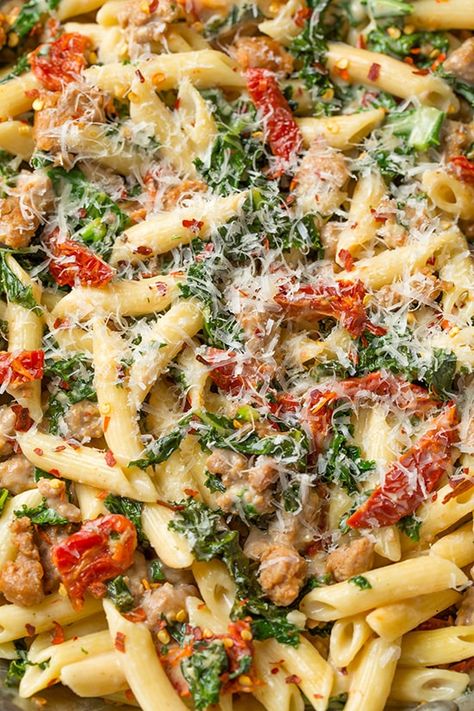 Creamy Kale and Turkey Sausage Pasta with Sun Dried Tomatoes - Cooking Classy Turkey Sausage Pasta, Pasta With Sun Dried Tomatoes, Creamy Kale, Turkey Sausage Recipes, Healthy Pasta Dishes, Turkey Pasta, Kale Pasta, Sausage Pasta Recipes, Cooking Tomatoes