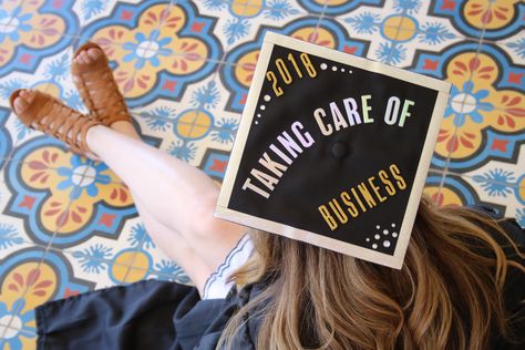 Try this pose during your graduation picture photo shoot to show off the hard work you put in to decorating your grad cap! #graduationpictures #graduation #college #ideas #takingcareofbusiness #taking #care #of #business #diy Taking Care Of Business Graduation Cap, College Grad Cap Ideas Business, College Graduation Cap Ideas Business, Business Graduation Cap Ideas, Dba Graduation, Business Graduation Cap, Caps Ideas, College Semester, Creative Graduation Caps