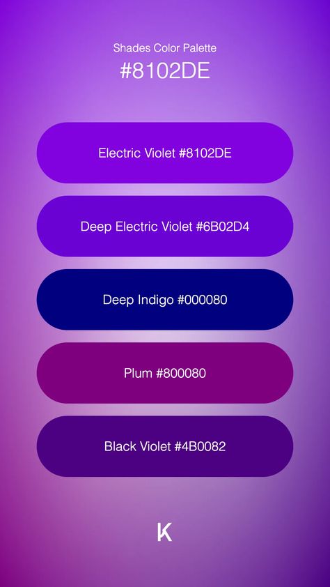 Shades Color Palette Electric Violet #8102DE · Deep Electric Violet #6B02D4 · Deep Indigo #000080 · Plum #800080 · Black Violet #4B0082 Electric Purple, Hex Color Palette, Deep Indigo, Violet Color, Hex Colors, Unique Colors, Color Trends, Aesthetic Art, Plum