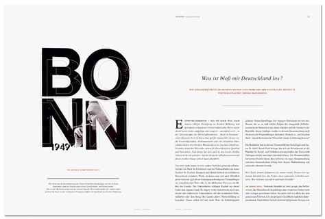 bonn magazine spread. beautiful grid & negative space. Magazine Page Layouts, Design De Configuration, Typographic Layout, Visuell Identitet, Magazine Spread, Page Layout Design, Flyer Design Inspiration, Graphic Projects, Newspaper Design