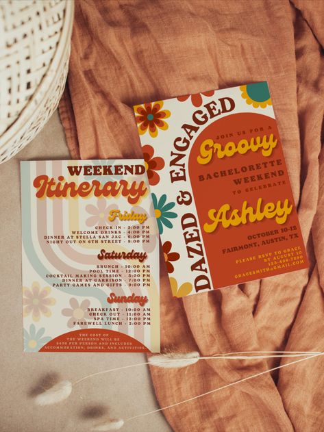 Dazed And Engaged Bachelorette Invite, Dazed Bachelorette Party, Dazed And Engaged Invitations, Dazed And Engaged Bachelorette Itinerary, Fleetwood Mac Bachelorette Party, 70s Bach Party, 70 Bachelorette Party, Bachelorette Party Themes Groovy, Retro Bachelorette Party Ideas