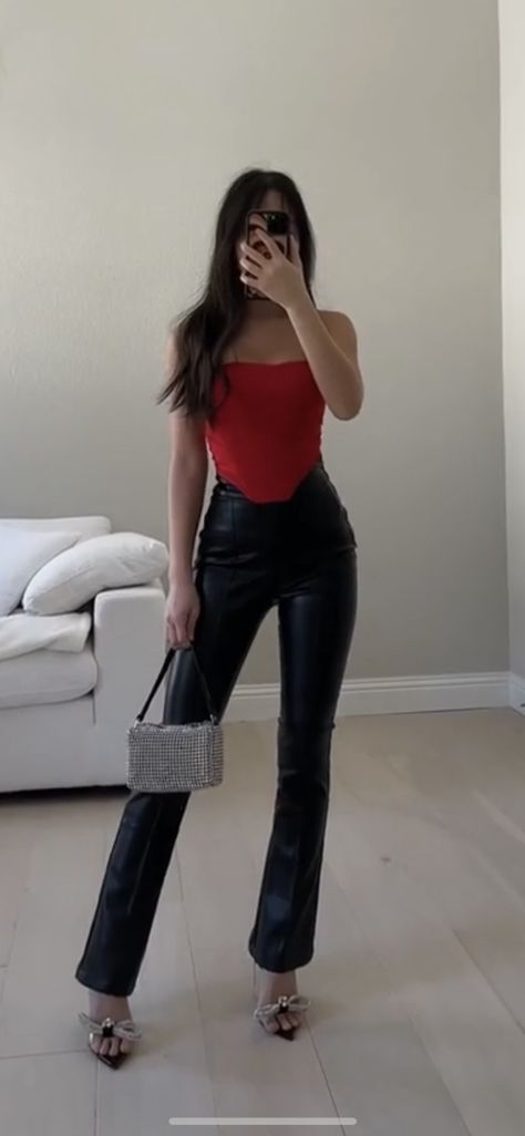 Red Top Leather Pants, Party Outfit Corset Top, Leather Pants Red Top Outfit, Leather Pants Christmas Party Outfit, Leather Pants Outfit Christmas, Leather Pants Christmas Outfit, Jingle Ball Outfit Ideas, Night Out Outfit Clubwear Club, Night Out Outfit Clubwear Going Out