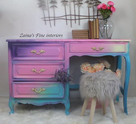 #pinkfurniture #furnituremakeover #chalkpaintedfurniture  Click for full video Unicorn Furniture, Andy Pandy, Rainbow Furniture, How To Chalk Paint, Desk Idea, Small Dressing Table, Colorful Desk, Hot Colors, Pink Furniture