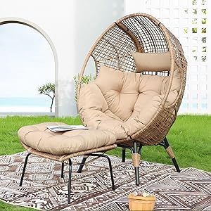 NICESOUL® Wicker Stationary Egg Chair Indoor Outdoor Egg Basket Lounge Chair Oversized Thick Cushions Egg Seat with Legs 400lbs Egg Nest Chair with Ottoman, Boho Rattan Chair for Patio Brown Egg Wicker Chair, Wicker Egg Chair, Egg Outdoor Chairs, Woven Egg Chair, Egg Chair Outdoor Walmart, Egg Shaped Chair, Balcony Chairs, Adjustable Chairs, Comfy Seating