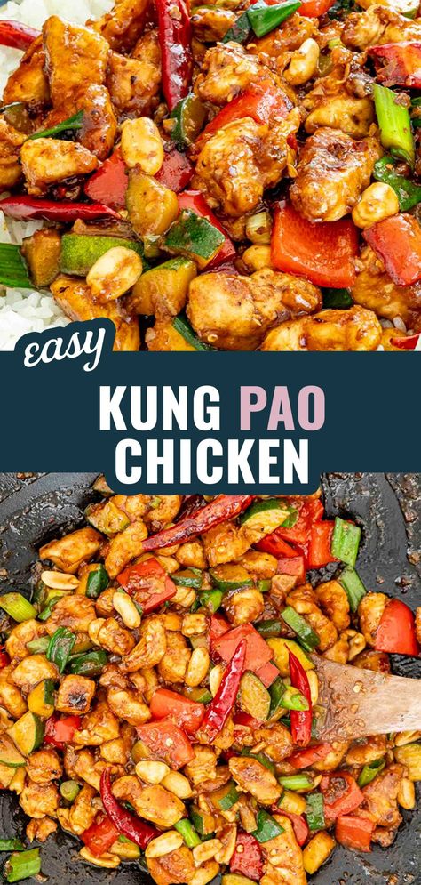 This Kung Pao Chicken is a delicious stir-fry loaded with chunky veggies and chicken and coated in a homemade tasty sauce. Ready in 30 minutes and way better than take-out! #kungpaochicken #recipe Chicken Thigh Stir Fry With Vegetables, King Pow Chicken, Chicken Kung Pao Recipe, Asian Chicken Stir Fry Recipes, How To Make Chinese Food, Kungpaochicken Recipe, King Pao Chicken Recipe, Chicken With Broccoli Recipes, Best Chicken Stir Fry Recipe