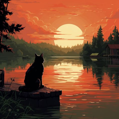 Cat Sunset Wallpaper, Watching Sunset Drawing, Cat Sunset, Sunrise Drawing, Watching Sunset, Cat Standing, Cat Phone Wallpaper, Dog Portraits Painting, Cat Landscape