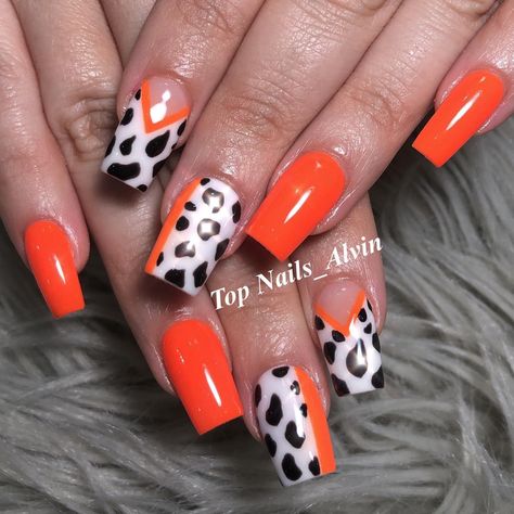 Orange with cow print design Orange And Cow Print Nails, Orange Cow Print Nails, Giraffe Nails, Cow Print Nails, Cow Print Design, Neutral Nail Designs, Western Rings, Neutral Nail, Western Nails