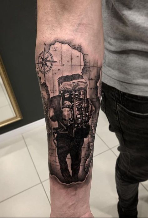 Backpacker Tattoo Ideas, Immigration Tattoo, Backpacker Tattoo, Backpacking Tattoo, Travel Tattoo Sleeve, Wanderer Tattoo, Usmc Tattoos, Backpack Tattoo, Traveling Tattoo