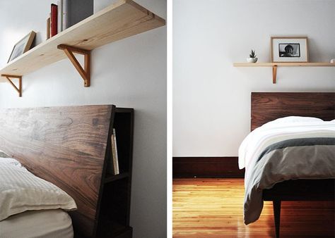 Could we make a beautiful, simple headboard similar to this? Love the tiny bit of storage too. Wooden Bed Frame No Headboard, Low Profile Shelf Headboard, Slated Wood Bed Frame, King Size Bed Shelf Headboard, Woodern Float Bed, Minimalist Bedroom Men, Bed Design Modern Luxury, Diy Sofa Bed, Diy Industrial Furniture