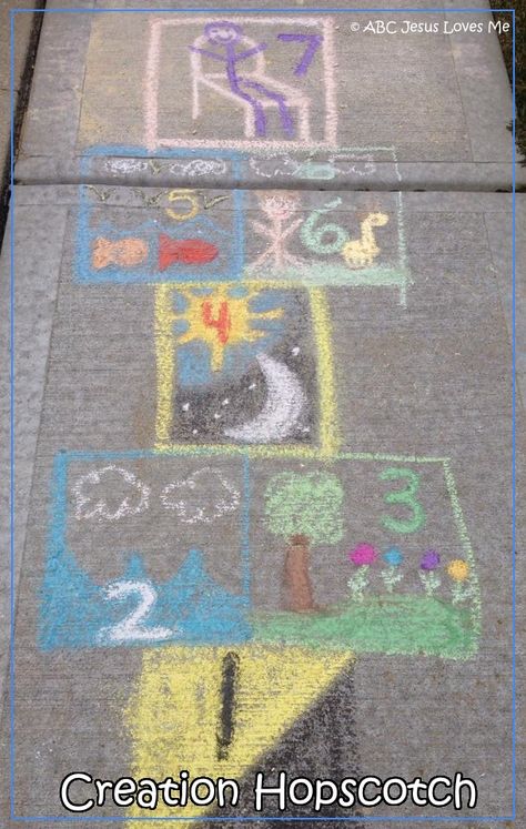 ABCJesusLovesMe:  Creation Hopscotch and 100's more ideas to teach the days of Creation Creation Story Activities For Kids, Creation Activities, 7 Days Of Creation, Creation Bible, Story Tips, Days Of Creation, Sunday School Crafts For Kids, Preschool Bible, Bible School Crafts