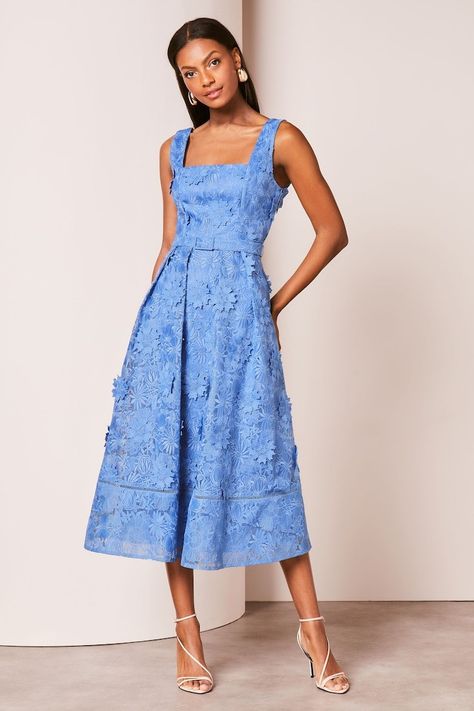 Midi Prom Dress, Embroidery Floral, Event Outfit, Floral Lace Dress, Lace Embroidery, Lace Midi Dress, Blue Midi Dress, Floral Midi Dress, Dance Dresses