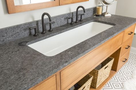 One Bathroom Sink With Two Faucets, Master Bath Trough Sink, Deep Bathroom Sink Ideas, Single Sink Two Faucets Bathroom, Single Sink Double Faucet, Farmhouse Sink Vanity Bathroom, Trough Sink Master Bath, Wide Sink Bathroom, Trough Bathroom Sinks