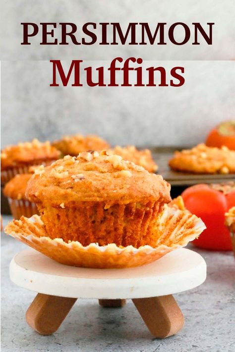 Best ever Persimmon Muffins – Soft, Fluffy and Tasty – No need to make persimmon pulp! Just grate hard Fuyu persimmons to make this easy muffin recipe. Persimmon Scones Recipe, Persimmon Pulp Recipes, Dried Persimmon Recipes, Persimmon Muffin Recipes, Persimmon Muffins Recipe, Fuyu Persimmon Recipes, Persimmon Cookies Recipe, Persimmon Puree, Persimmon Pulp