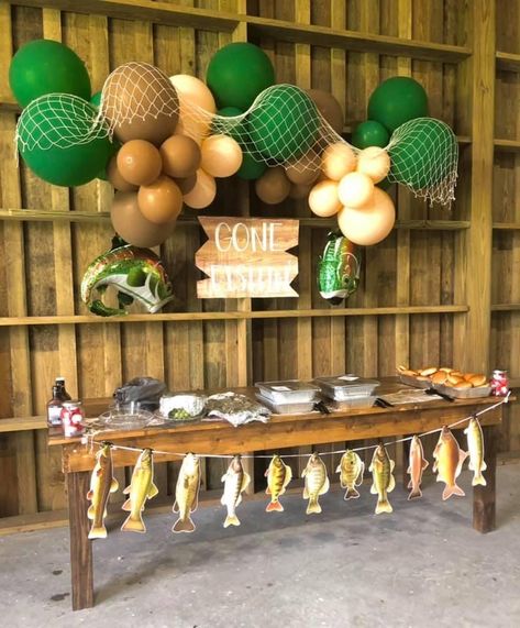 Fisherman Party Ideas, Fisherman Decoration Party Ideas, Adult Fishing Theme Party Ideas, Fishing Birthday Party Decorations, Fishing Party Theme, Fishing Themed 30th Birthday Party, Fishing Themed Party, 1st Birthday Fishing Theme, Diy Fishing Theme Party Decorations