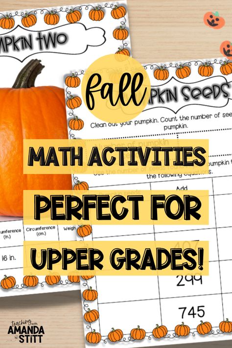 Are you an upper grade math teacher looking to some fall fun into your classroom? This blog is for you! Discover 4 fall math activities that your students will love. These activities include a pumpkin math activity that practices 3rd, 4th, and 5th grade whole number and decimal place value skills. Plug these ideas and worksheets into your math centers, lessons, and teaching plans. Fall activities aren't just for little kids. Discover how to bring seasonal fun into your upper grade math class. Halloween Math Upper Elementary, 1st Grade Fall Math Activities, Pumpkin Activities Upper Elementary, Halloween Math 5th Grade, Math Or Treating, Fall Activities For Third Grade, Pumpkin Classroom Activities, Pumpkin Math Activities, Math Stem Activities