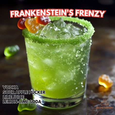 🔬🍹 Dive into the madness with Frankenstein's Frenzy! A wickedly delicious drink that will electrify your Halloween party! #FrankensteinsFrenzy Frankenstein's Frenzy Ingredients: Vodka (2 oz) Sour apple pucker (1 oz) Lime juice (½ oz) Lemon-lime soda (2 oz) Green sugar (for rimming) Gummy worms (for garnish) Ice cubes (for serving) Instructions: Rim your glass with green sugar. In a shaker, combine vodka, sour apple pucker, lime juice, and ice. Shake well and strain into the prepared glass... Vodka Jungle Juice Recipes, Halloween Alcoholic Drinks Vodka, Green Goblin Drink, Apple Pucker Shots, Green Apple Pucker Drinks, Halloween Jungle Juice Recipe Alcoholic, Halloween Drinks With Vodka, Halloween Boozy Drinks, Halloween Themed Shots