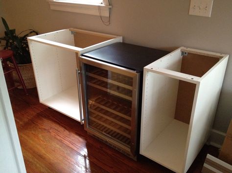 kitchen cabinets into bar | the cabinets, placed our wine fridge between two Akurum base cabinets ... Mini Fridge Cabinet Ikea, Diy Mini Fridge Cabinet, Diy Mini Fridge, Wine Fridge Cabinet, Mini Fridge Cabinet, Cabinet Ikea, Diy Butcher Block, Armoire Ikea, Fridge Cabinet