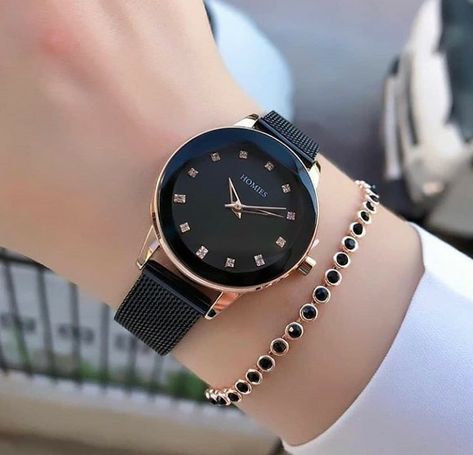 Gorgeous black watch Black Watches For Girls, Gold Rolex Women, Trendy Watches Women, Stylish Watches For Girls, Cartier Watches Women, Snake Rings, Watches Women Michael Kors, Womens Designer Watches, Diamond Earrings For Women