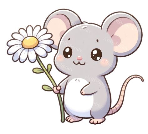 Kawaii Mouse Drawing, Mouse Illustration Character, Cute Mice Drawings, Cartoon Flowers Drawing, Cute Mouse Drawing, Cute Mouse Illustration, Mouse With Flower, Animal Digital Art, Maus Illustration