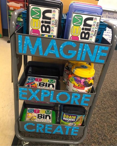 Brooke Brown on Instagram: “LOVING this STEM Bins cart makeover by @thirdgradeparade! 😍😍😍Cart is from Michael’s! #stem #stembins #makerspace #teachoutsidethebox…” Steam Bins Kindergarten, Stem Bin Storage Ideas, Stem Bins Middle School, Second Grade Stem Bins, Stem Classroom Setup, Student Book Bins, Makerspace Elementary Library, Makerspace Elementary, Stem Boxes