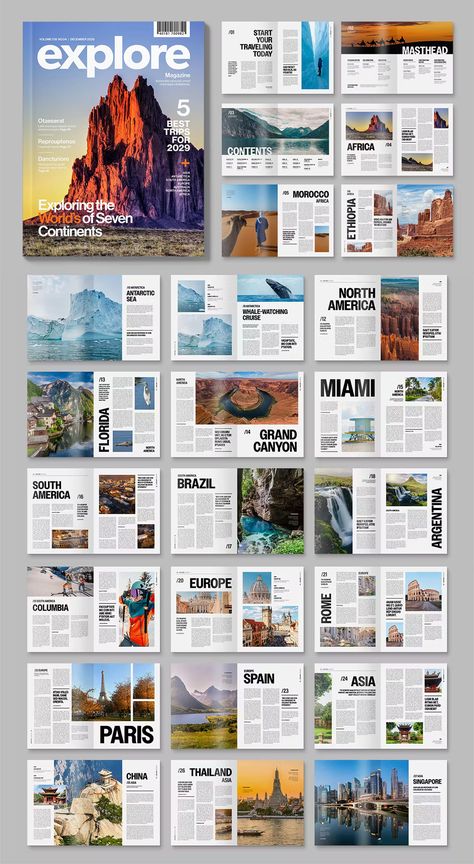 Modern Magazine Template INDD. Final printed size: US Letter. Layout Template Magazine, Magazine Last Page Design, Free Magazine Template, Magazine Articles Layout, Single Page Magazine Layout, Horizontal Magazine Layout, Magazine Contents Page Design, Modern Magazine Layout Design, Magazine Layout Design Inspiration