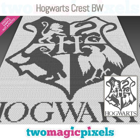 Hogwarts Crest BW by Two Magic Pixels Crochet Harry Potter Blanket, Magic Pixels, Cross Stitch Plastic Canvas, Two Magic Pixels, Cross Stitch Graph, Harry Potter Blanket, Moose Silhouette, Harry Potter Crochet, Sc Crochet