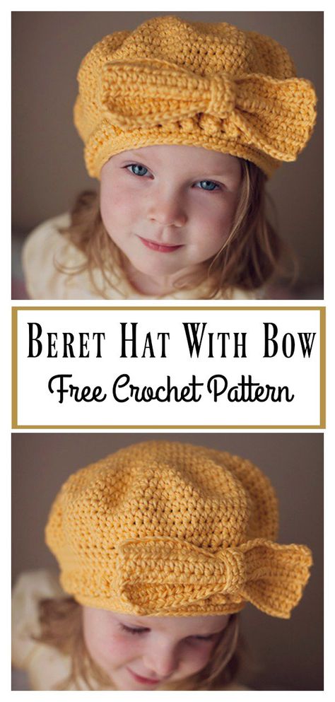 Beret Hat Free Crochet Pattern With Bow #Freepattern #Crochet Free Crochet Pattern For Toddler Hat, Crochet Barret Hat Pattern Free, Crochet Beret Hat Pattern, Crochet Bow Hat, Crocheted Beret Free Pattern, Children’s Crochet Hat Patterns, Crochet Kids Hats Free Patterns Children, Crochet Toddler Hats Free Pattern, Crochet Beret Hat Free Pattern