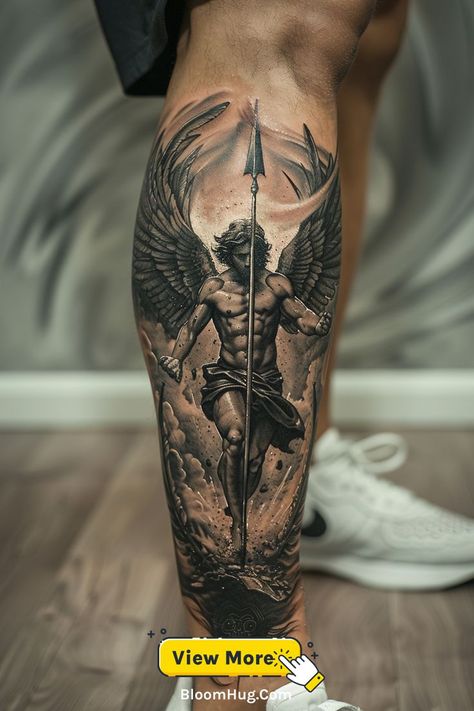 This full sleeve tattoo features an angel holding a sword, symbolizing strength, protection, and justice. The intricate details make it a bold and commanding design for the entire arm. Angel Tattoo Sleeve For Men, Warrior Angel Tattoo Men, Godly Tattoos For Men Sleeve, St Gabriel Archangel Tattoo, Outside Forearm Tattoo Men Ideas, Archangel Michael Tattoo For Men, Christian Sleeve Tattoo Men, Arch Angel Michael Tattoo, Men’s Full Sleeve Tattoo