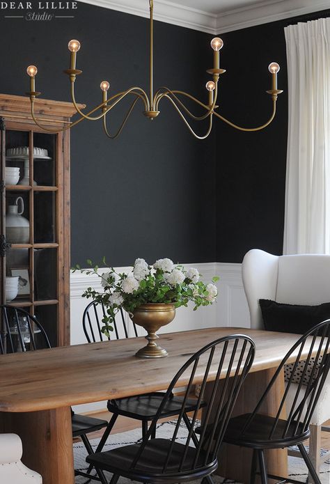 Our Black and White Dining Room after the Holidays - Dear Lillie Studio Black Dining Table Chandelier, White Dining Room Table And Chairs, Black Trim Dining Room, Black And White Dining Rooms, Black And Tan Dining Room, Black And White Wallpaper Dining Room, Wayne’s Coating Dining Room, Black White And Wood Dining Room, Dining Room Chandelier Black