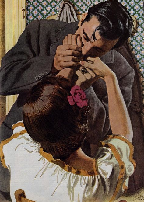 Parker, 1946 American Illustration Vintage, Eating Dinner Reference, Famous Couple Paintings, Talking Pose Reference Drawing, Man Reading To Woman, 50s Husband, Holding Face In Hands Couple, Wife And Husband Aesthetic, Man Poses Drawing