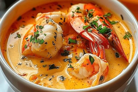 Seafood Bisque with Crab, Shrimp, and Lobster - cookefast.com Lobster Crab Bisque, Seafood Bisque With Crab And Shrimp, Seafood Bisque Recipe, Lobster Bisque Recipe, Bisque Soup Recipes, Lobster Bisque Soup, Fish Meals, Shrimp Bisque, Seafood Meals