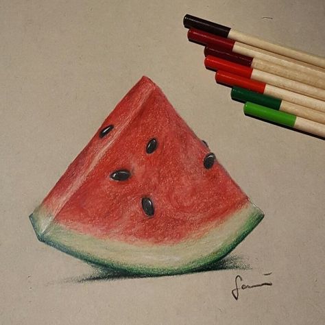 3d Watermelon Drawing, Watermelon Marker Drawing, 3d Fruit Drawing, Healthy Food Drawing Art, Fruit Drawing Pencil Color, Art With Colored Pencils Easy, Pencil Color Art Drawings Easy, Watermelon Drawing Realistic, Watermelons Drawing