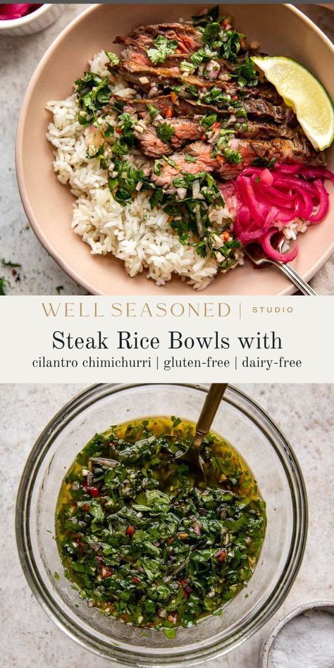 Meals With Chimichurri Sauce, Steak Chimichurri Bowl, Steak Chimichurri Dinner, Chimichurri Skirt Steak, Skirt Steak And Chimichurri, Chimichurri Steak Salad, Cilantro Lime Steak Bowl, Skirt Steak Chimichurri Recipe, Chimichurri Steak Bowl