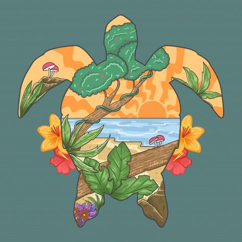 Turtle summer beach paradise spring seas... | Free Vector #Freepik #freevector #freebackground #freeflower #freewater #freedesign Beach Design Illustration, Paint Shoes, Beach Clipart, Party Cartoon, Background Flower, Beach Illustration, Summer Illustration, Flower Water, Beach Posters