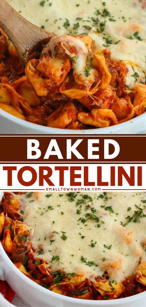 Check out this baked tortellini recipe! This casserole is such a tasty, hearty pasta dish. Made with Italian sausage in marinara sauce, this cheese tortellini bake is an easy comfort food dinner your family will love! Cheese Tortellini Bake, Easy Baked Tortellini, Tortellini With Sausage, Baked Tortellini Recipes, Garlic Tortellini, Baked Tortellini Casserole, Cheese Tortellini Recipes, Baked Tortellini, Tortellini Recipe