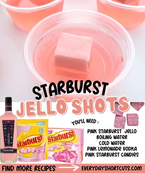 Malibu Barbie Jello Shots, Jello Shots Pink Whitney, Starburst Watermelon Jello Shots, Strawberry Starburst Jello Shots, Pink Whitney Jello Shots Recipe, Pretty Jello Shots, Pink Jello Shots Recipes, Pink Jell-o Shots, Jello Shot Recipes Easy