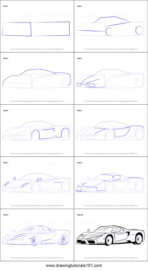 How to Draw a Ferrari Enzo printable step by step drawing sheet : DrawingTutorials101.com How To Draw Cars, Draw Cars, Cars Drawing, Drawing Sheet, Learn Drawing, Industrial Design Sketch, Car Design Sketch, Sketches Tutorial, Perspective Drawing