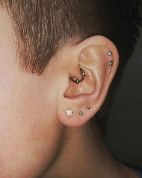 Double cartilage, triple lobe, and daith piercings! #doublecartilage #triplelobe #daith #daithpiercing #piercings #earpiercings Daith Piercing Men, Triple Lobe, Piercing Men, Double Helix Piercing, Double Cartilage, Daith Piercings, Spider Bite Piercing, Men's Piercings, Double Tongue Piercing