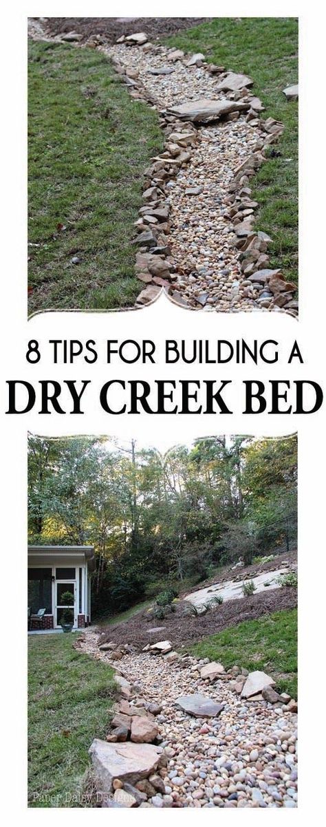 8 tips for creating & building a dry creek bed; DIY Dry Creek Bed Zen Landscaping, Rock Beds, Stream Bed, Landscaping Rock, Yard Drainage, Shade Gardening, Creek Bridge, Yard Diy, Dry Creek Bed