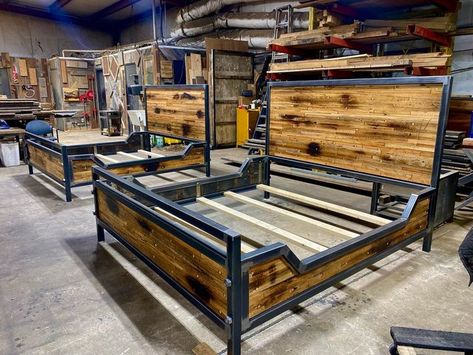 Industrial Headboard, Industrial Bed Frame, Steel Bed Design, Industrial Bed, Diy Industrial Furniture, Steel Bed Frame, Welded Furniture, Bed Frame Design, Modern Platform Bed