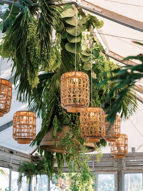 Tropical Rehearsal Dinner Decorations, Tropical Lanterns, Greenery Ceiling, Wedding Rattan, Hanging Lanterns Wedding, Tropical Greenery Wedding, Hanging Lantern Decor, Dining Chairs Rattan, Woven Lantern