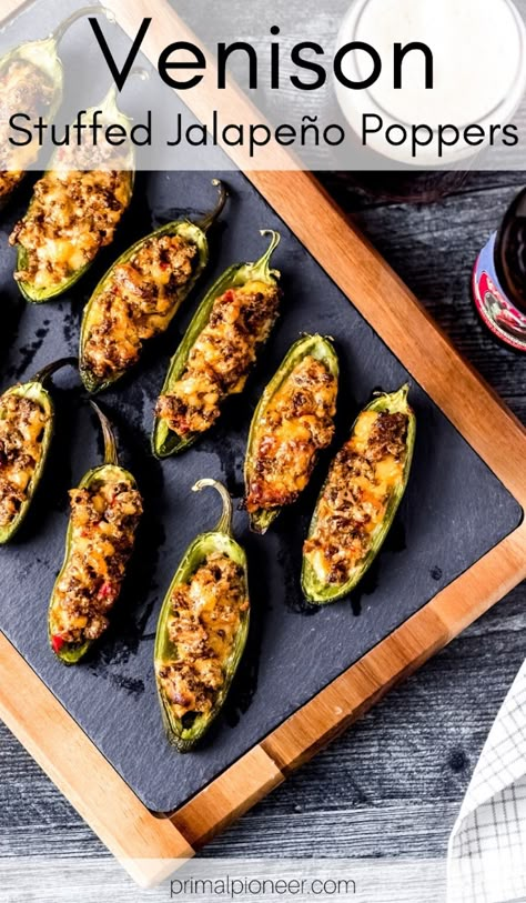 If you’re looking for your next game day appetizer, look no further! These delicious Venison Stuffed Jalapeno Peppers from Primal Pioneer are sure to please the whole crowd, even those who don't like venison. Venison Stuffed Peppers, Game Meat Recipes, Venison Appetizer Recipes, Venison Sausage Recipe Dinners, Venison Ground Meat Recipes, Ground Venison Recipes Easy, Venison Jalapeno Poppers, Venison Appetizers, Ground Deer Meat Recipes