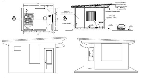 Security Room Design DWG File; 2d cad drawing of security room elevation design showing that wall bricks, grills detail, and truss roof in AutoCAD file. Security Room Plan, Security Cabin Design Architecture, Security Cabin Design, Security Room Design, Cabin Design Plans, Room Elevation, Architecture Materials, Drawing House Plans, Security Room